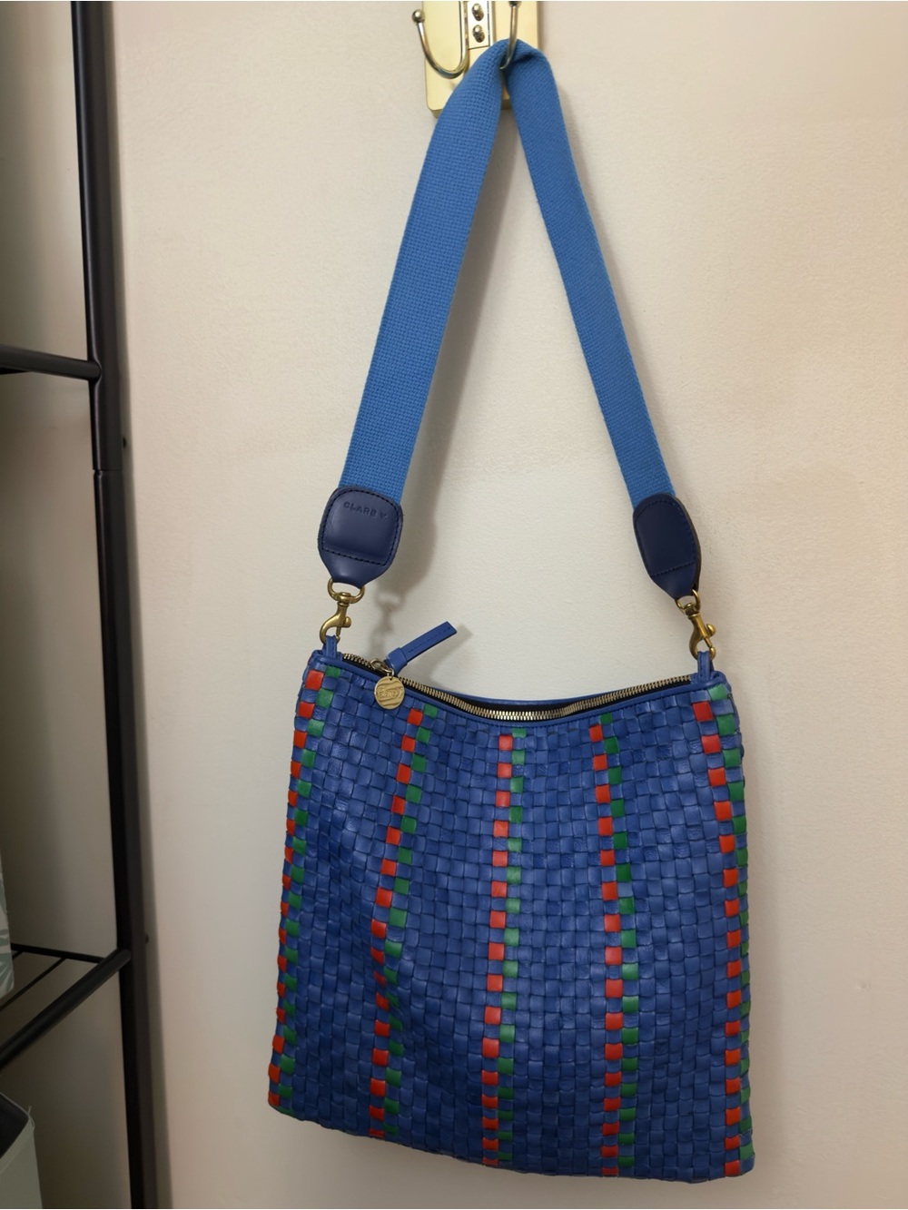 Rare Clare V. Handwoven Leather Messenger Bag Blue Red Green Checkered Stripe - Picture 4 of 15
